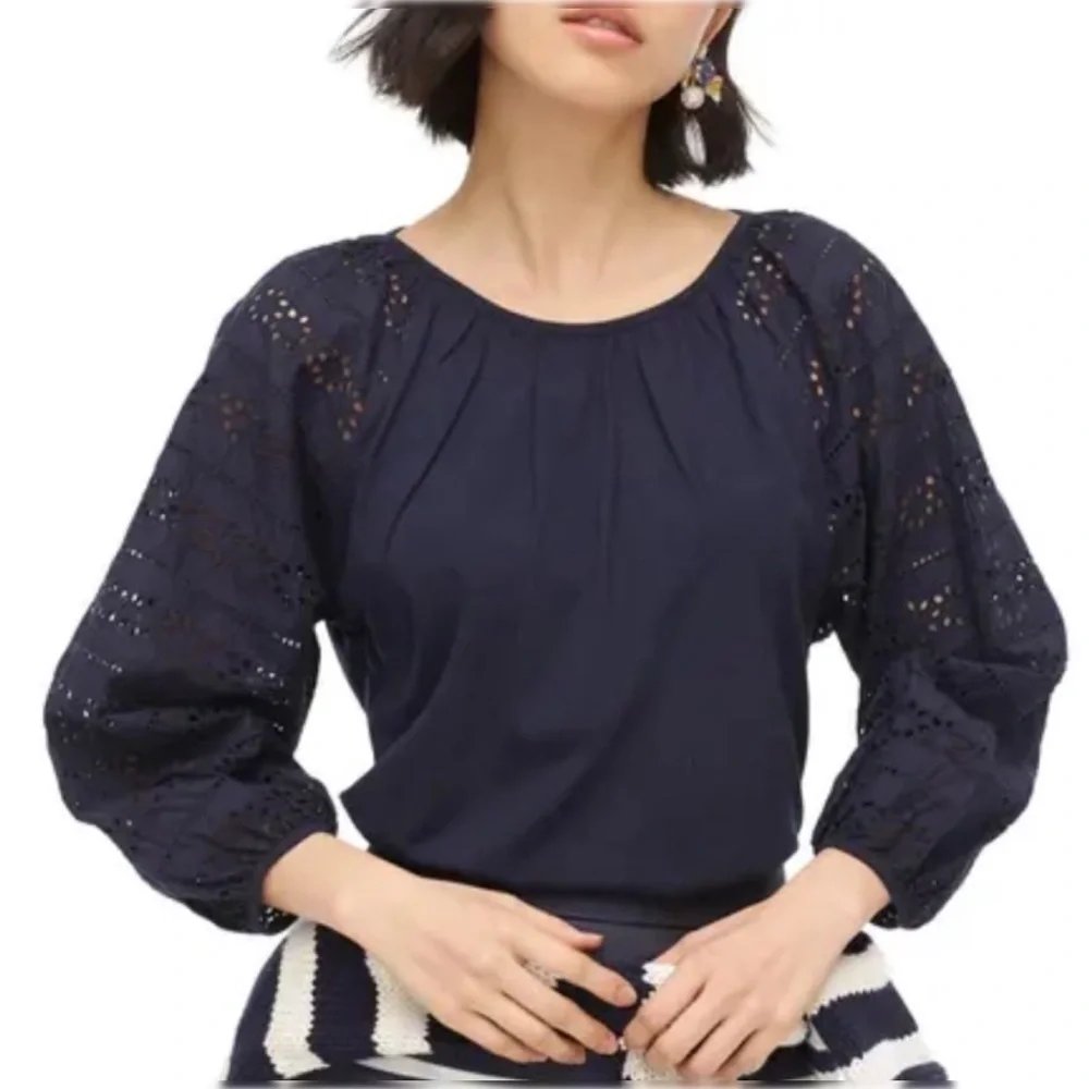 J. Crew Eyelet Navy 3/4 Sleeve Top Size Small